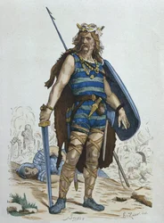 Guerrier franc au Ve siècle, illustration tirée de « Costumes de Paris à travers les siècles » par H. Gourdon de Genouillac, gravée par Stablo (XIXe siècle)